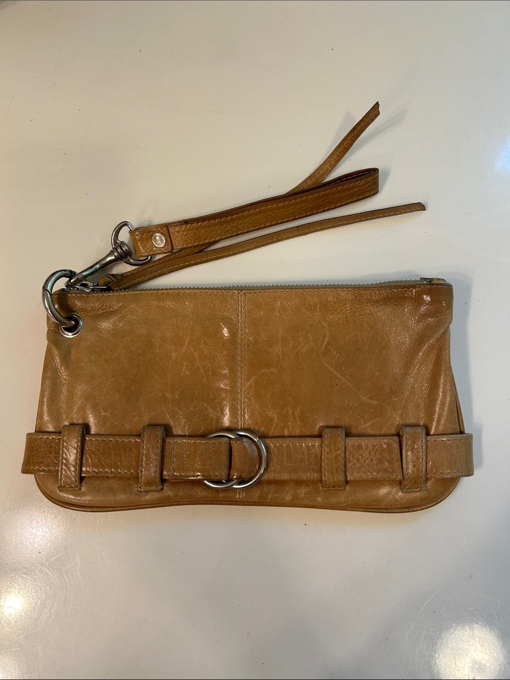 Leather Wristlet Clutch in Tan